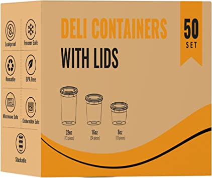 Reli. Deli Containers with Lids (50 Sets Total) | Variety Pack - 8 oz (20  Sets), 16 oz (20 Sets), 32 oz (10 sets) | Plastic Soup Containers with Lids